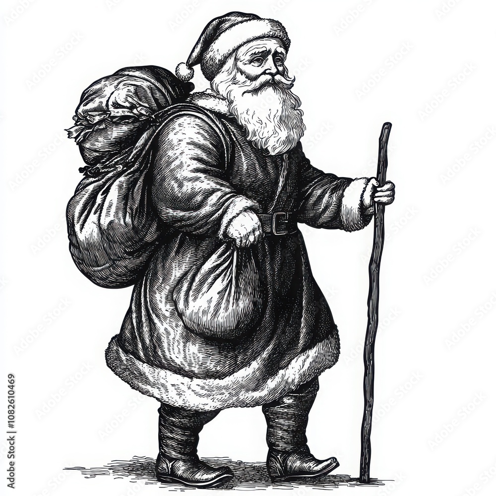 Fototapeta premium Hand-drawn vector illustration of a traditional Santa Claus with a walking stick and a bag of gifts. 