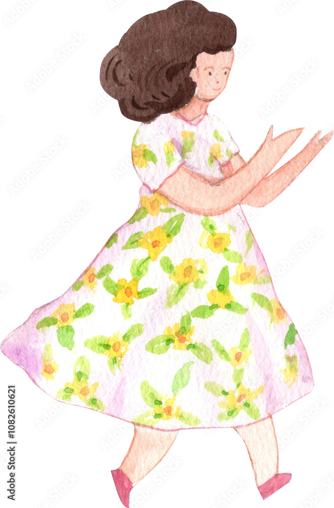 Hand-drawn Woman Wearing Floral Print Dress Hand-drawn Woman Wearing Floral Print Dress