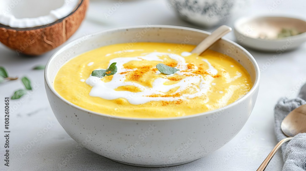Bowl of bright, golden turmeric soup garnished with coconut cream swirls, embodying nourishing warmth and anti-inflammatory power Bowl of bright, golden turmeric soup garnished with coconut cream swirls, embodying nourishing warmth and anti-inflammatory power