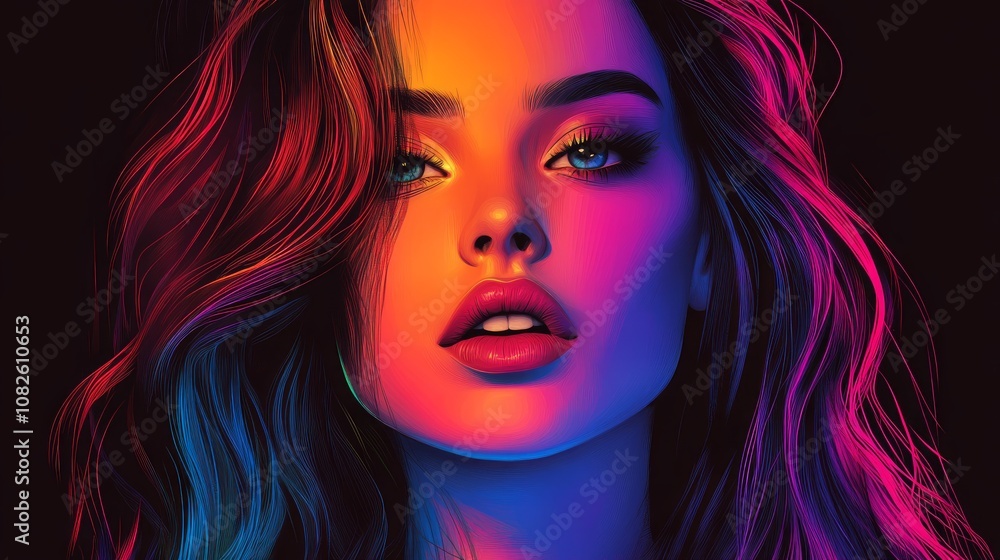 Close-up portrait of a young woman with colorful lighting, her eyes looking directly at the camera, and her hair flowing down her back. Close-up portrait of a young woman with colorful lighting, her eyes looking directly at the camera, and her hair flowing down her back.
