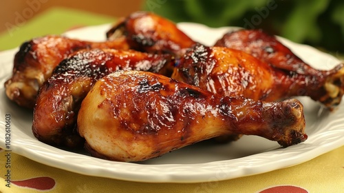 Succulent grilled chicken drumsticks glazed with honey and herbs on a rustic plate