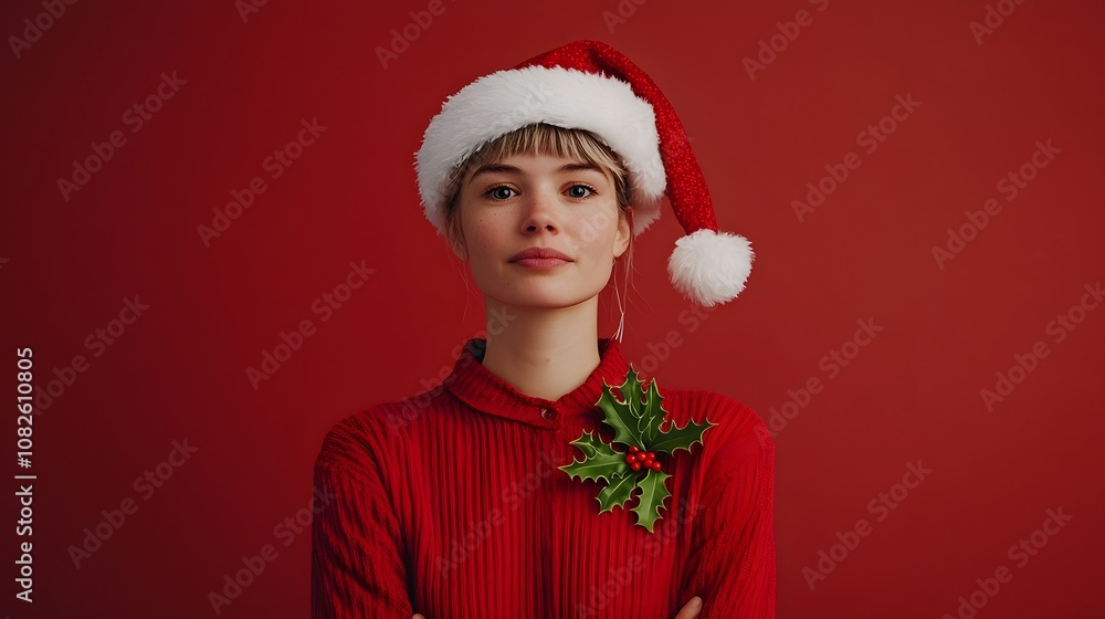 Festive Spirit: A Woman in a Santa Hat with Holly, Radiating Holiday Joy. Festive Spirit: A Woman in a Santa Hat with Holly, Radiating Holiday Joy.