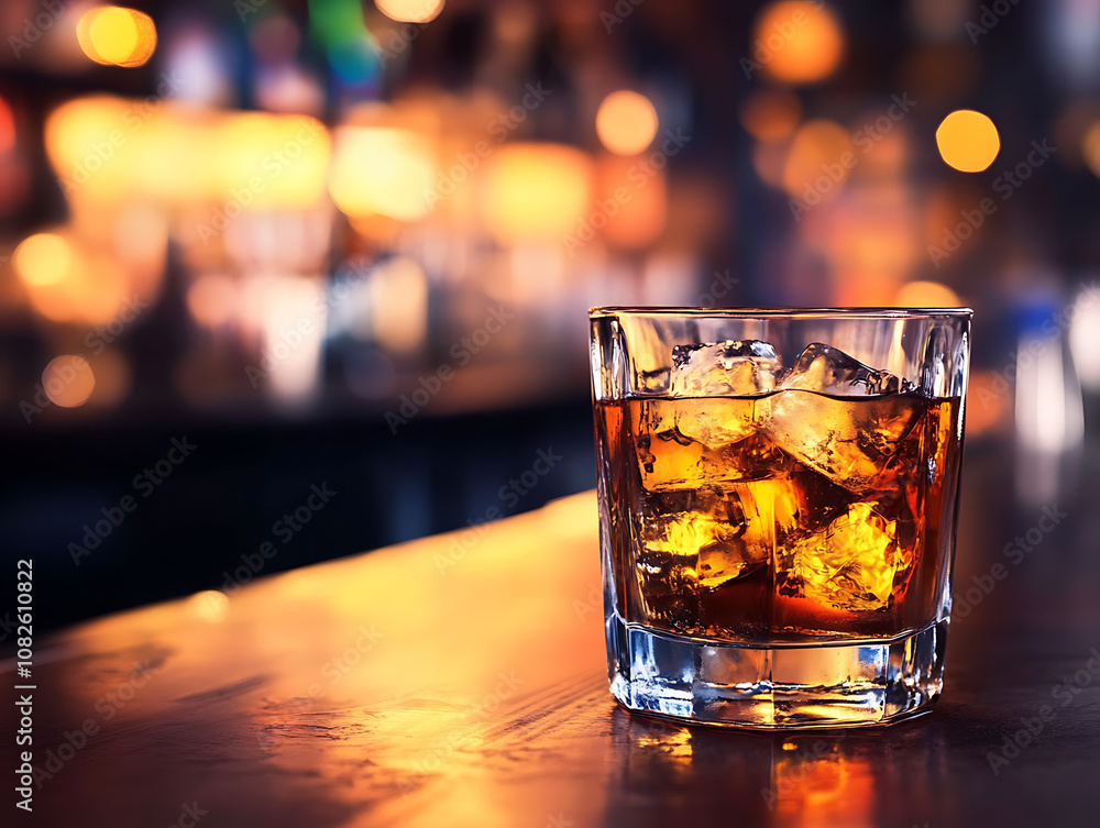 A glass of beer on the table on the pub bar bokeh background A glass of beer on the table on the pub bar bokeh background