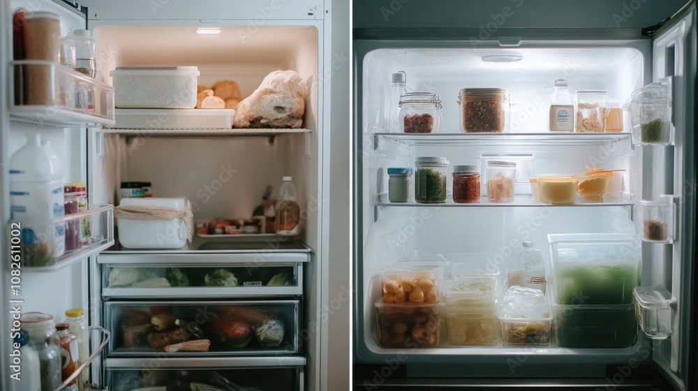Organized vs cluttered fridge: food storage transformation with clear containers Organized vs cluttered fridge: food storage transformation with clear containers