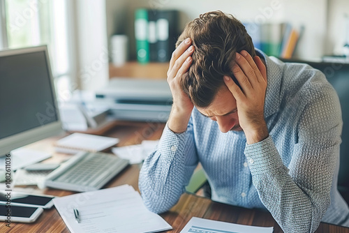 Stressed Young Man Facing Financial Troubles at Home Office photo