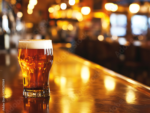 A glass of beer on the table on the pub bar bokeh background photo