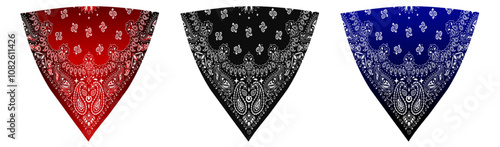Tied Bandanna Handkerchief Mask with Paisley Patterns in Red, Black, and Blue on transparent background