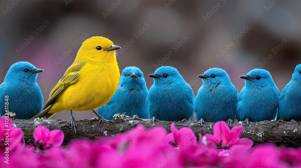 Yellow Bird Among Blue Birds in Vibrant Scene Yellow Bird Among Blue Birds in Vibrant Scene