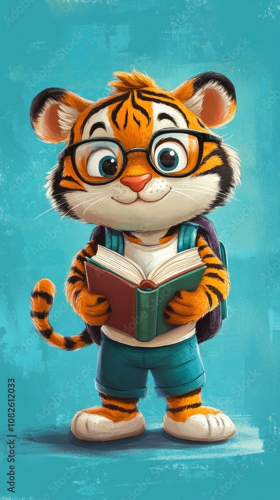 Smiling tiger student reading a book wearing glasses and backpack Smiling tiger student reading a book wearing glasses and backpack