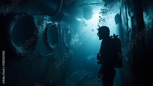 A lone scuba diver explores the depths of a sunken ship, a hauntingly beautiful scene illuminated by a sliver of light.