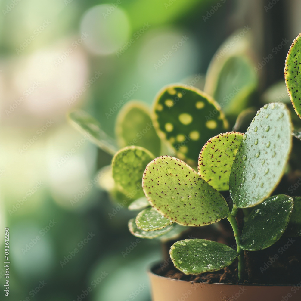 close up of green plant with water droplets on its leaves, showcasing vibrant textures and patterns. background is softly blurred, enhancing plant natural beauty