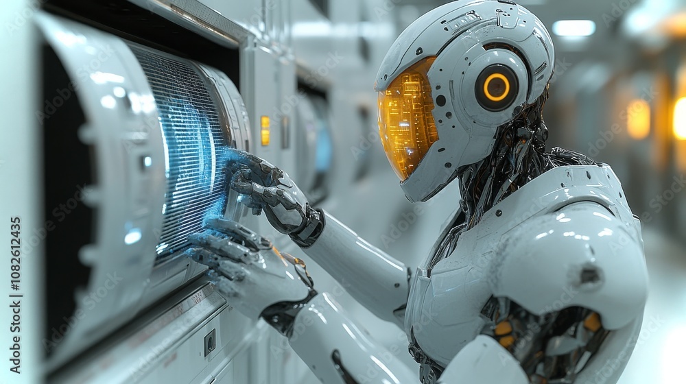 Fototapeta premium Android performing maintenance by cleaning air filters in a futuristic environment