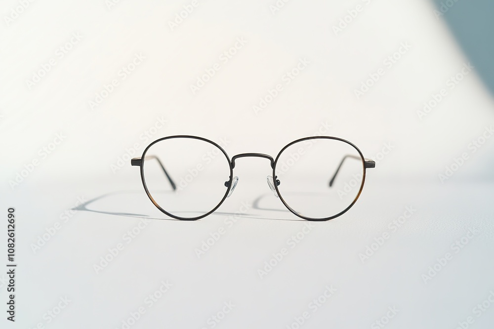 Round glasses with thin frame on white background, soft shadow Round glasses with thin frame on white background, soft shadow