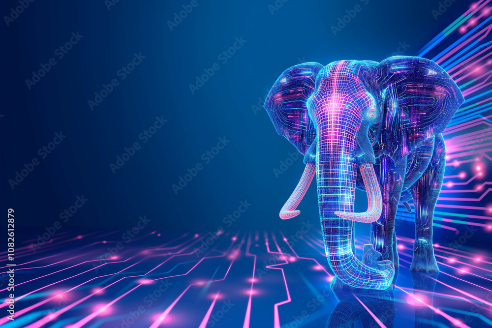 Futuristic Digital Elephant in Neon Circuit Environment