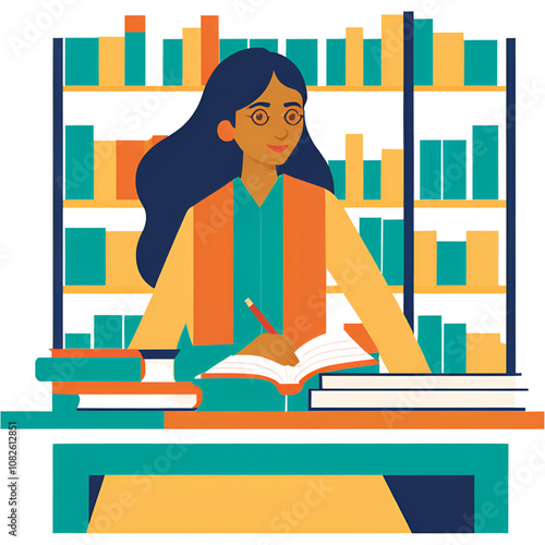 A student studying at a library table, surrounded by books, with a focused expression, and library shelves in the background, in flat, clean illustration.