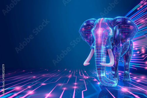 Obraz na płótnie Futuristic Digital Elephant in Neon Circuit Environment w salonie
