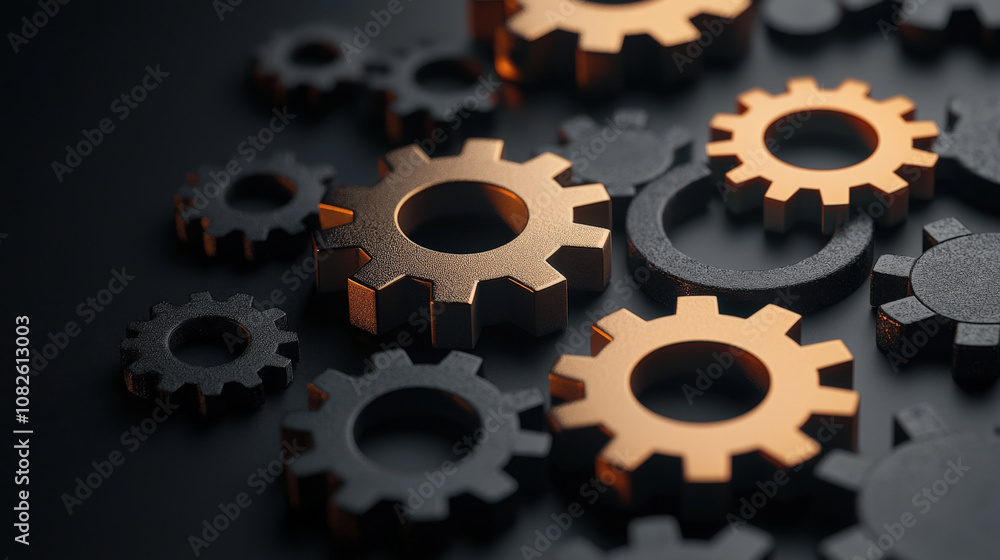 Interlocking gears in black and copper colors symbolize business growth and strategy, showcasing dynamic and innovative approach Interlocking gears in black and copper colors symbolize business growth and strategy, showcasing dynamic and innovative approach