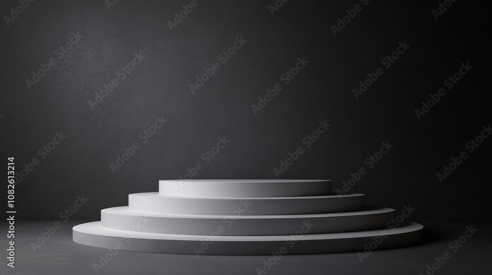 Obraz premium Round white podium with four steps on a dark background presenting a new product