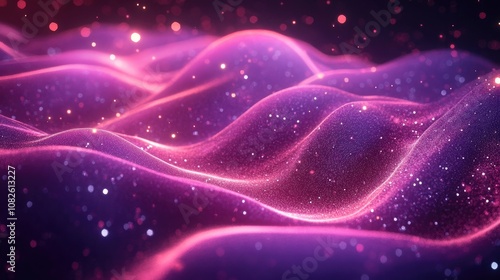 Flowing Waves of Purple and Pink Light with Sparkles and Glowing Particles on a Dark Background, Ideal for Abstract Art, Fantasy-Themed Projects, Cosmic Designs, and Digital Wallpapers