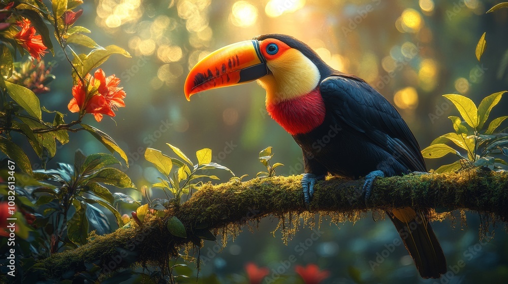 Obraz premium Colorful toucan perched on mossy branch in lush rainforest