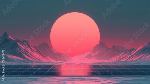 Solar panels, clean energy concept, futuristic landscape, 3D illustration