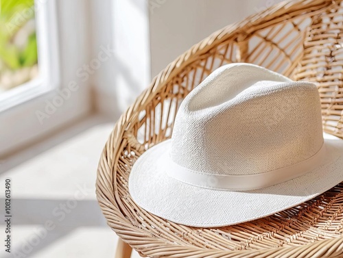 Blank Panama hat on a round wicker chair, boho chic aesthetic, mockup ready for elegant logo placement photo