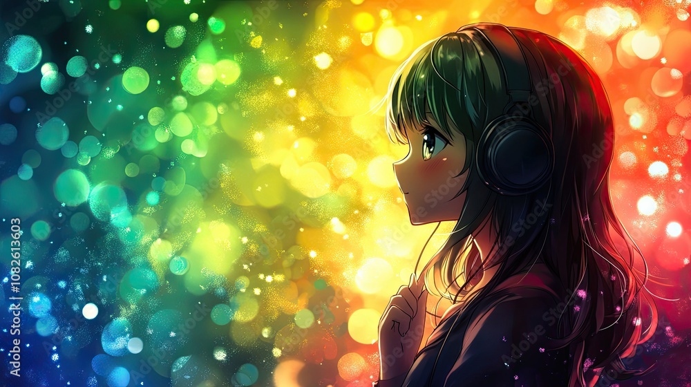 Lively Anime Girl with Headphones and Expressive Eyes Lively Anime Girl with Headphones and Expressive Eyes