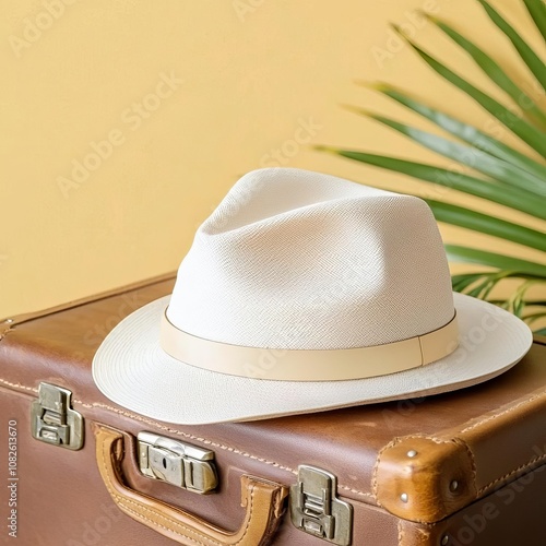 Classic Panama hat resting on vintage leather suitcase, travelthemed mockup, ready for personalized logo photo