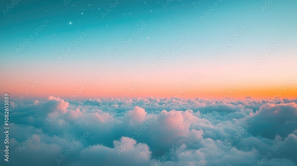 Dreamy Clouds Beneath a Twilight Sky with Soft Pink and Deep Blue Shades, Twinkling Stars Above, Perfect for Themes of Fantasy, Tranquility, Peaceful Dreamscapes, and Serene Designs Dreamy Clouds Beneath a Twilight Sky with Soft Pink and Deep Blue Shades, Twinkling Stars Above, Perfect for Themes of Fantasy, Tranquility, Peaceful Dreamscapes, and Serene Designs