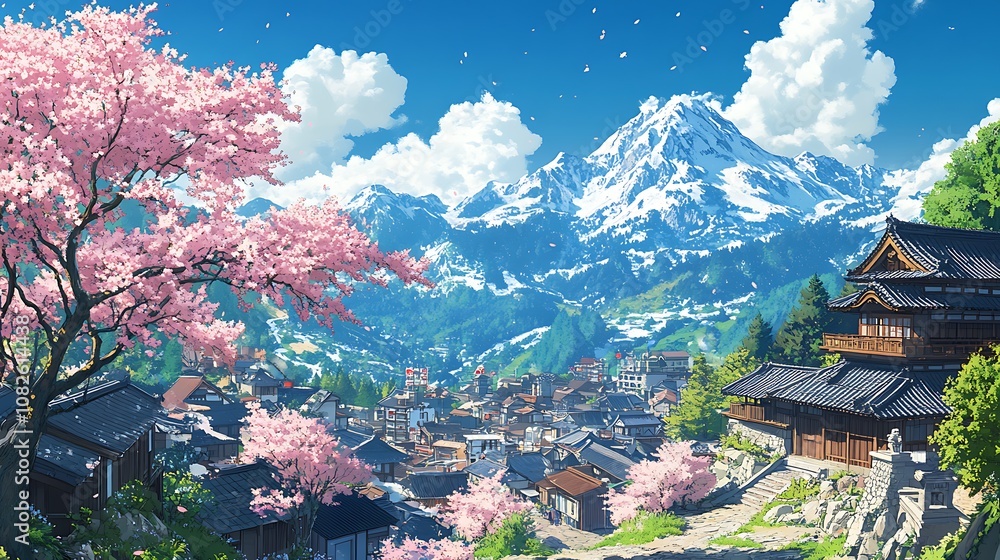 A Japanese Village Nestled Among Mountains with Cherry Blossoms A Japanese Village Nestled Among Mountains with Cherry Blossoms