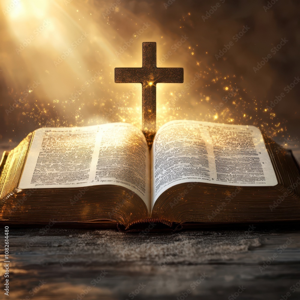 Open scripture with cross overlay, light illuminating pages, powerful symbol of faith Open scripture with cross overlay, light illuminating pages, powerful symbol of faith