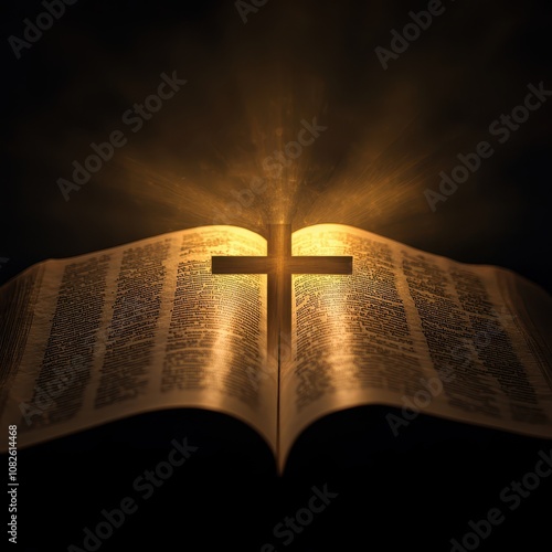 Open scripture with cross overlay, light illuminating pages, powerful symbol of faith