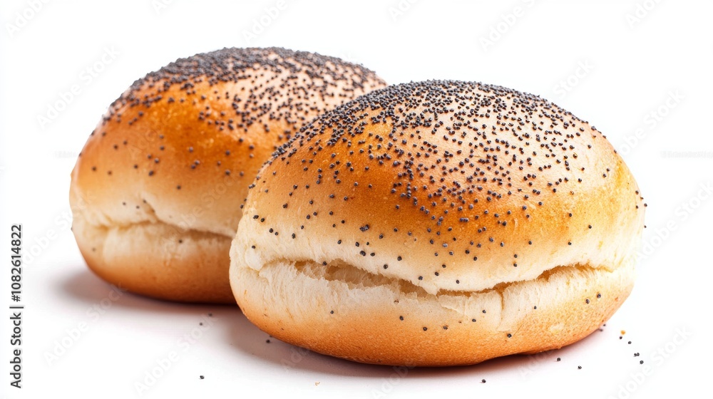 Two buns with poppy seeds on top, sitting on a white background. Two buns with poppy seeds on top, sitting on a white background.