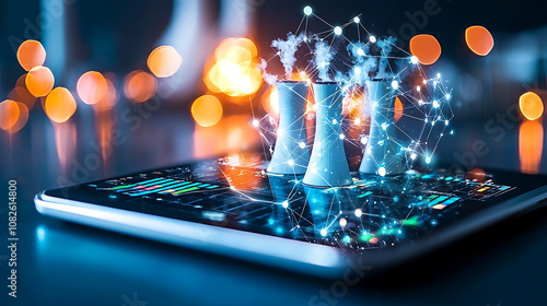 tablet displaying digital representation of nuclear power plants with data visualization, showcasing technology and energy concepts