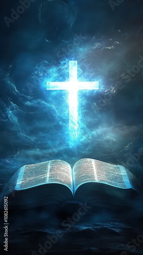 Spiritual scene with an open Bible and glowing cross, using abstract elements of wind and light to represent faith and divine inspiration