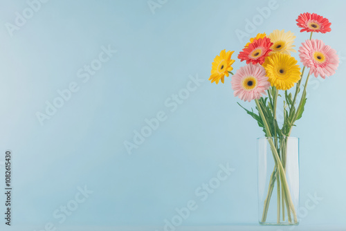 vibrant bouquet of multi colored gerberas in clear glass vase, set against soft blue background, brings cheerful and lively atmosphere to any space photo