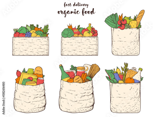 Paper shopping bag products grocery hand drawn illustration. Collection elements for design. Grocery delivery concept. Organic food vector illustration. Grocery shopping. Grocery supermarket