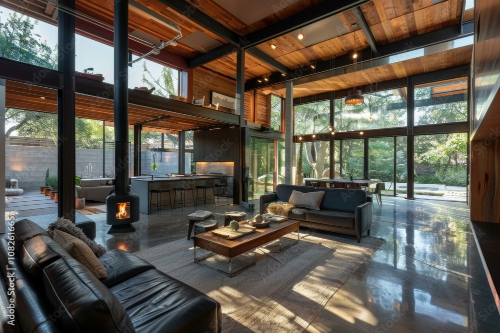 Sunlight illuminating an open plan home interior with mezzanine level showing living room and kitchen Sunlight illuminating an open plan home interior with mezzanine level showing living room and kitchen