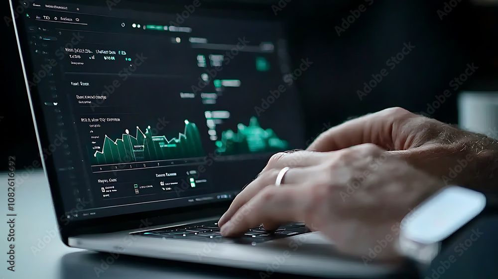 digital marketing professional analyzing SEO keywords and data trends on laptop. screen displays various graphs and metrics, showcasing analytical insights