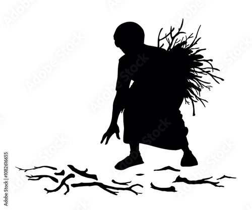 Vector drawing. Woman collecting firewood
