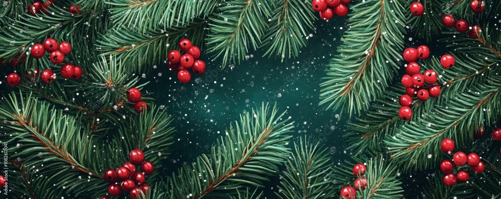 Christmas background with falling snowflakes, red berries and pine branches Christmas background with falling snowflakes, red berries and pine branches