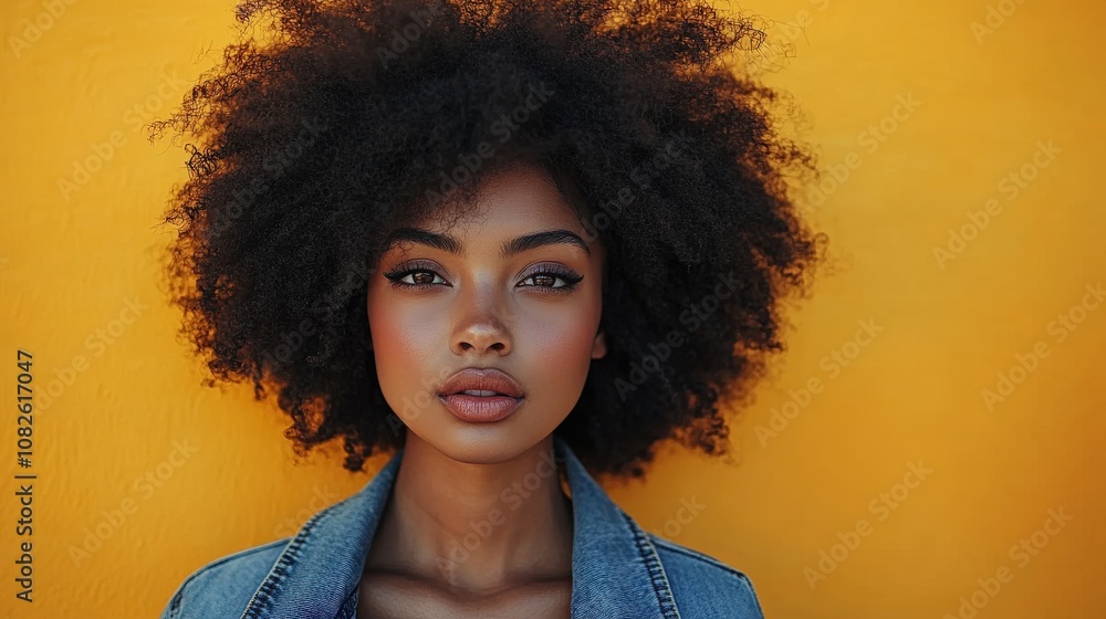 A portrait of a young woman with natural hair against a vibrant yellow background. A portrait of a young woman with natural hair against a vibrant yellow background.