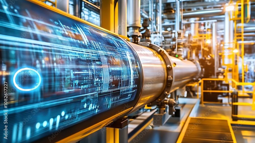 Industrial setting featuring a high-tech pipeline with digital overlays. Industrial setting featuring a high-tech pipeline with digital overlays.
