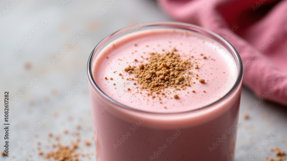 Pink smoothie with sprinkled chia seeds on a gray surface. Pink smoothie with sprinkled chia seeds on a gray surface.