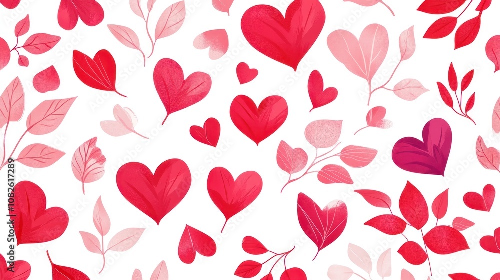 A seamless pattern of Valentine's Day hearts and leaves in shades of red, pink, and blush on a white background. Vector illustration, flat design, with flat colors, no shadows, no gradients, A seamless pattern of Valentine's Day hearts and leaves in shades of red, pink, and blush on a white background. Vector illustration, flat design, with flat colors, no shadows, no gradients,
