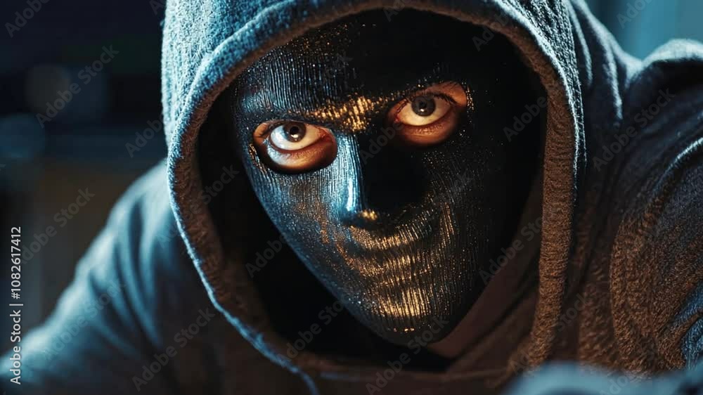 Financial criminal hacker in a scary mask, secretly plotting online fraud schemes Financial criminal hacker in a scary mask, secretly plotting online fraud schemes