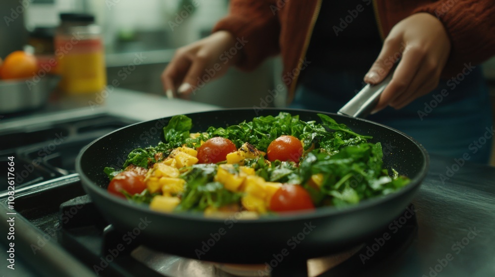 Healthy Cooking: Fresh Spinach, Cherry Tomatoes, and Peppers in a Skillet. Generative ai Healthy Cooking: Fresh Spinach, Cherry Tomatoes, and Peppers in a Skillet. Generative ai