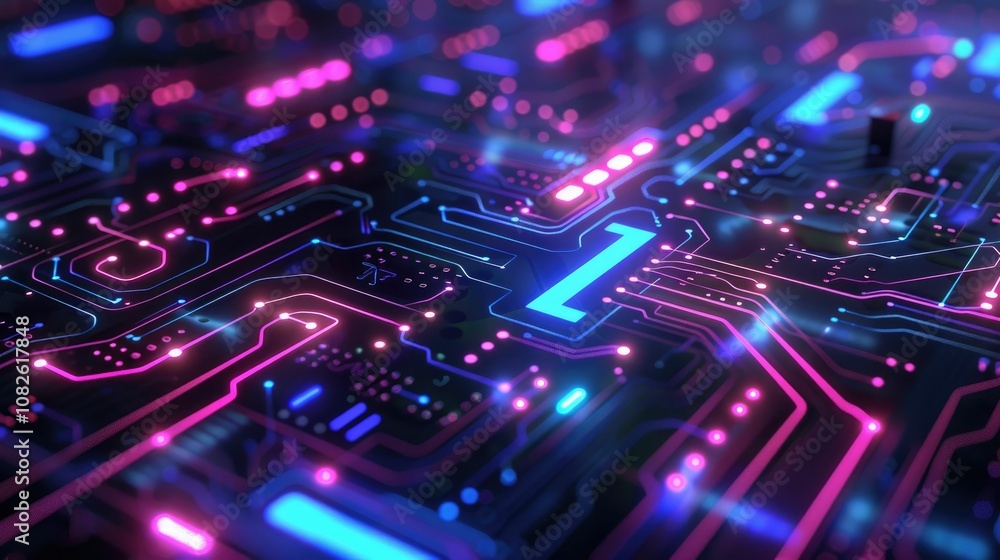 Glowing neon circuit board against a dark background Glowing neon circuit board against a dark background