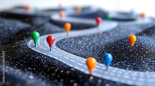 Winding road with colorful pins or markers, GPS location tracker map pin