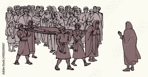 Vector drawing. Funeral of the son of a widow